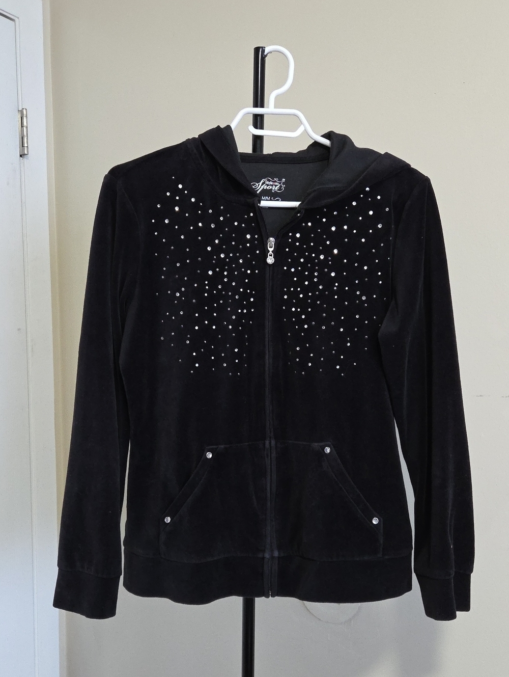 Style & Co. Black Teddy Velour Zip Hoodie with Crystal Studs